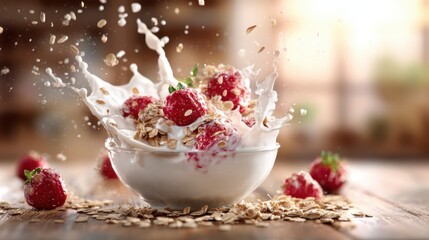 A bowl of fresh strawberries is splashed with creamy yogurt, showcasing a delightful culinary scene that emphasizes freshness and indulgence in flavor.