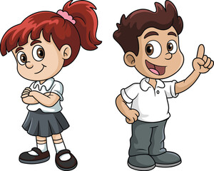 Cartoon boy and girl in confident poses, school outfit character set, expressive children illustration, educational design, playful personality art, kids standing pose