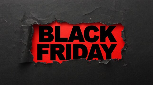 Black Friday sale promotional design with bold typography on red background revealed through torn black paper, concept for discount, shopping, marketing, advertising and ecommerce campaign