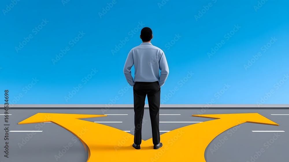 Poster a lone person stands at the intersection of a road, contemplating which path to take as multiple arr