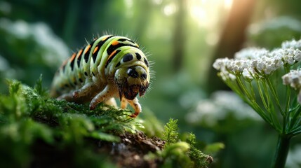A vibrant caterpillar crawls over lush moss, showcasing the intricate details of nature's design and the beauty of the forest ecosystem during sunny days.