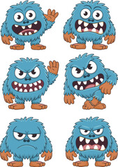 Cartoon blue monsters with orange hands and feet, expressive emotion set, angry sad happy poses, character illustration for storytelling, fantasy mascot design