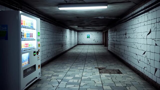 Eerie Underground Passage with Vending Machines and Distressed Concrete Walls