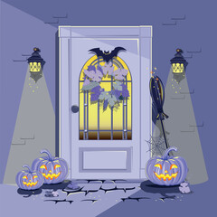Happy Halloween in cartoon style. The door is decorated with pumpkins, a wreath of leaves, a witch's broom and vintage lanterns. Vector illustration for a Halloween party.
