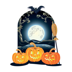 Halloween background with three cheerful pumpkins, huge moon and tall trees. Vector illustration to decorate a flyer, poster, invitation or social media ad for Halloween.