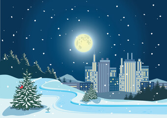 Winter night landscape with snowy road, huge moon, mountains, snowfall and big city. Vector vertical illustration of winter in mountains.