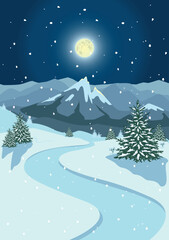 Winter night landscape with snowy road, huge moon, mountains, snowfall and snowy tree. Vector vertical illustration of winter in mountains.