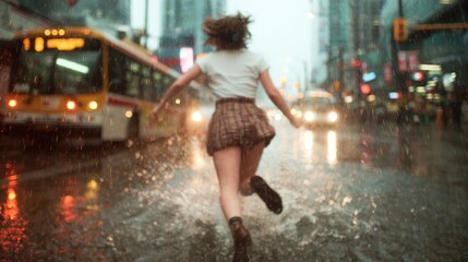 A carefree woman joyfully runs through city streets, splashing in puddles amidst the rain, capturing the exhilaration of spontaneity and the beauty of urban life in bad weather.