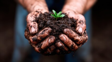 Close-up view of dirty hands cradling rich, dark soil with a small green plant sprouting, symbolizing growth, nature, and the nurturing of life in a beautiful way.