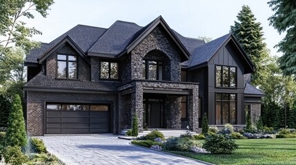 Obraz premium A black and white house with a large driveway and a garage, surrounded by greenery and trees.