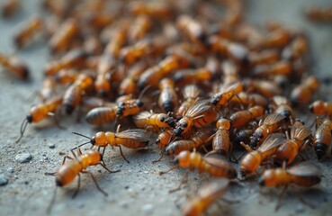 Close-up of swarm of winged termites on concrete ground. Orange insects with black heads show detailed bodies, wings. Macro photography captures multiple creatures gathered together, possibly during