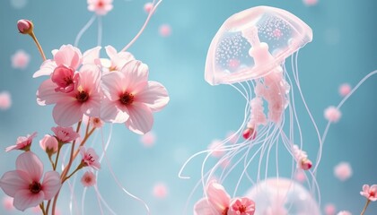 Beautiful pink cherry blossoms with jellyfish floating