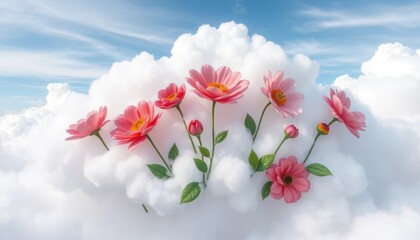 Beautiful pink daisies blooming amidst clouds in the sky