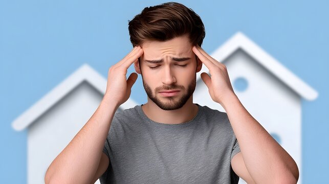 Young man with distressed expression touching his head, indicating a headache or mental strain