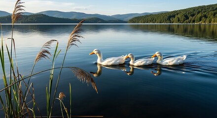 White ducks swim lake sunset.