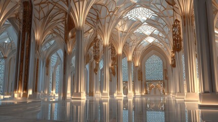 Fototapeta premium Elegant photo of grand masjid interior view, ramadan and eid concept, generative ai.