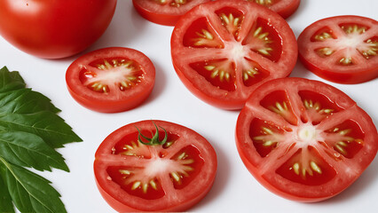 Fototapeta premium Assortment of fresh tomato slices and halves on a white background.
