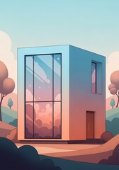 Modernist Cube House with Sunset Reflection on Facade Windows