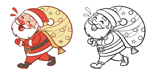 A fun Christmas cartoon illustration of Santa Claus with a bag of gifts and a horse