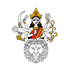 Goddess Durga doodle with eight hands holding abstract symbolic weapons