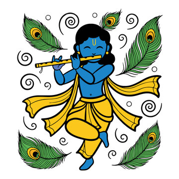 Doodle vector of Lord Krishna with flute dancing peacock feather patterns