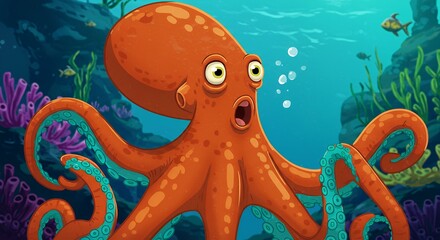 Orange octopus underwater scene cartoon illustration