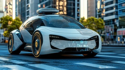 A futuristic, sleek, white and black electric car with advanced technology features, driving on a city street with tall buildings in the background.