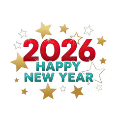 Fototapeta premium Happy New Year 2026, Festive Gold Stars, Red Bold Numbers on Transparent Backdrop