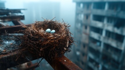 This haunting image of an abandoned bird's nest cradling delicate blue eggs amid a dilapidated urban backdrop evokes feelings of neglect and the fragility of life.