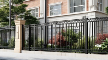 Elegant black fence enclosing a well-maintained landscape near a modern residential building in a suburban area