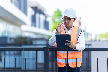 Real estate developer inspecting house in project wearing hard hat and using digital tablet. Asian contractor standing in front of new house. Construction industry concept. Real estate.