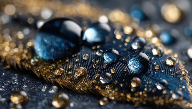 Water droplets on a dark, golden-blue feather