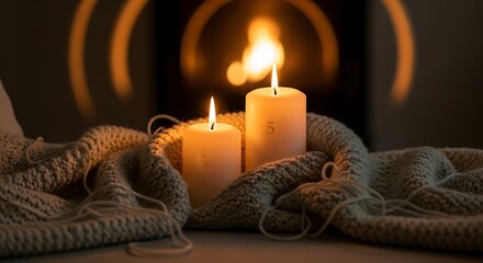 Cozy candles with fireplace, and winter warmth.