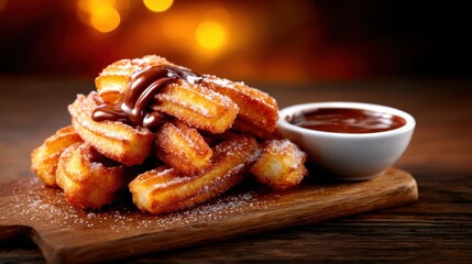 A delightful serving of crispy churros coated in sugar and cinnamon, served with a rich chocolate dipping sauce, perfect for food lovers and dessert enthusiasts alike.