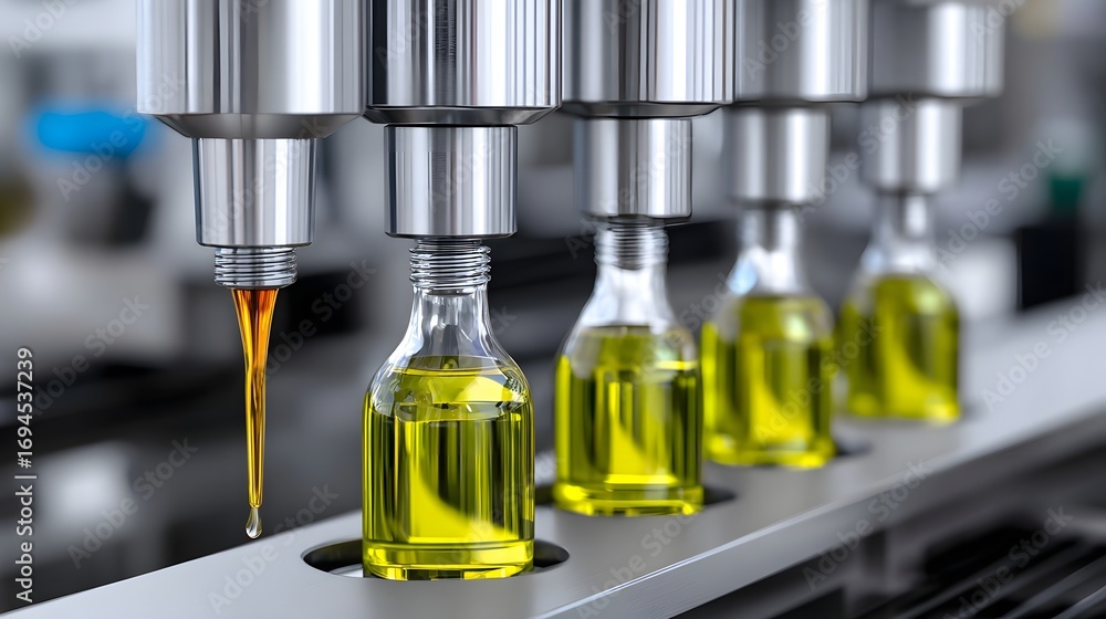 Aufkleber close-up view of laboratory testing equipment with multiple glass containers holding different color
