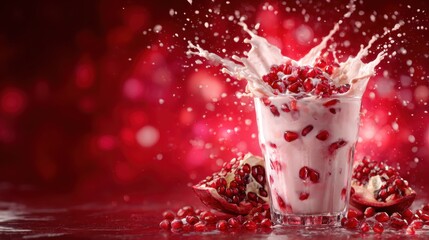 A vibrant glass of pomegranate juice splashes cream and seeds, creating a visually stunning display, evoking freshness and summer vibes in a lively setting.