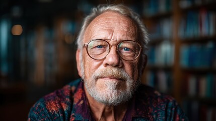 A thoughtful elderly man with glasses and a deep expression, surrounded by books in a cozy library, evokes wisdom and knowledge in a serene atmosphere.