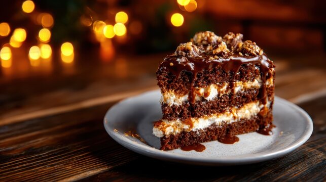 A mouthwatering slice of rich chocolate cake layered with creamy filling, topped with caramel and crunchy nuts, ideal for dessert lovers and celebratory occasions.