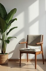 Fototapeta premium Modern chair with open book and large green plant in woven basket. Sunlit room with shadows on white wall. Natural light enhances cozy home interior, scandinavian style.