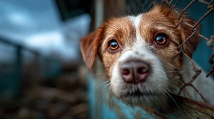 A poignant close-up of a dog's face peering through a fence, capturing the essence of longing and companionship, evoking emotions of kindness and connection.