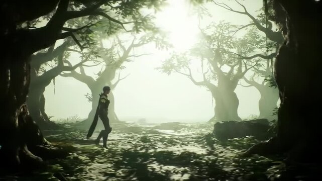 Woman exploring a mystical, fog-filled forest with huge ancient trees and sun rays, fantasy adventure footage.