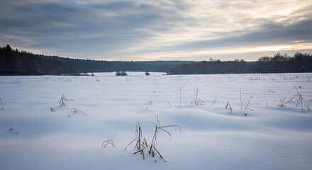 Snowy field winter landscape sunset.