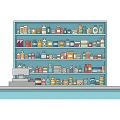 Pharmacy shelves illustration showcasing medication products and checkout counter