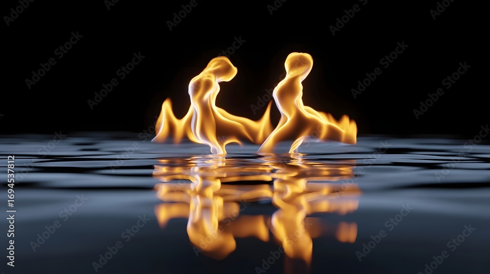 Poster mesmerizing abstract image of flickering flames reflected in a dark, still body of water, creating a