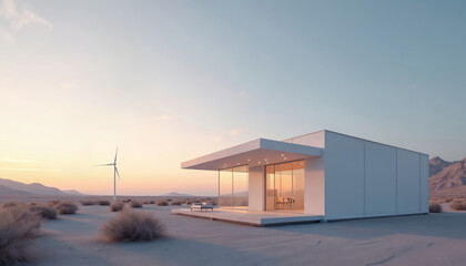 Obraz premium Modern desert facility with integrated smart grid technology. Clean energy storage solution features wind turbine, minimalist architecture. Represents renewable power generation, sustainable
