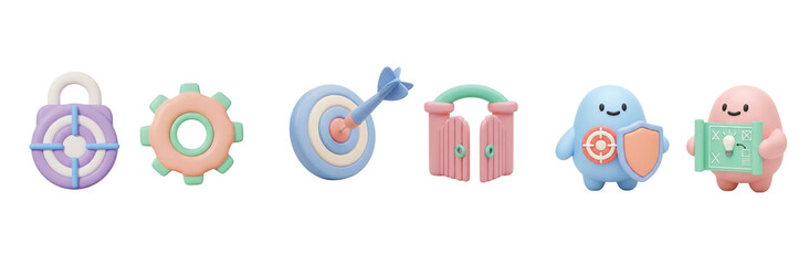 A 3D collection of business strategy icons representing the process of achieving goals, including security, targeting, and access