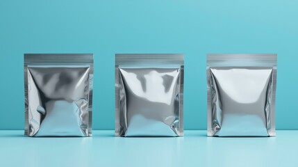 Three silver metallic square pouches with zipper closures against a blue background.