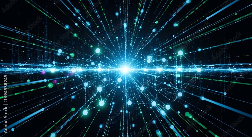Poster abstract image of glowing blue and green lines radiating from a central point in dark background, co