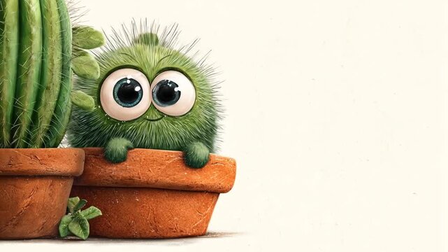 Animated green creature with large eyes and spikes beside a cactus