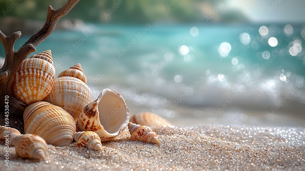 Poster a close up of various seashells and driftwood resting on a sandy beach with a blurred ocean and wave